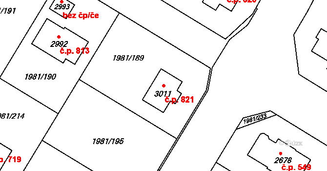 Litice 821, Plzeň na parcele st. 3011 v KÚ Litice u Plzně, Katastrální mapa