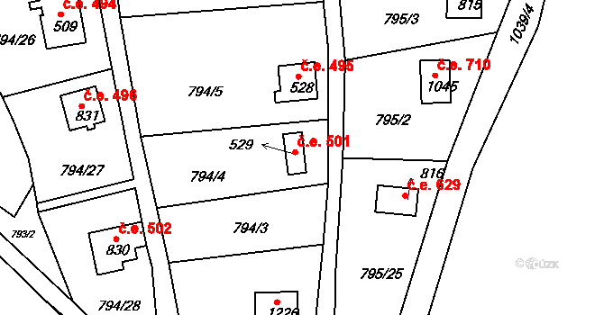 Šťáhlavy 501 na parcele st. 529 v KÚ Šťáhlavy, Katastrální mapa
