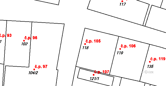 Chotěšice 105 na parcele st. 118 v KÚ Chotěšice, Katastrální mapa