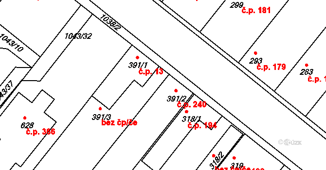 Kounice 240 na parcele st. 391/2 v KÚ Kounice, Katastrální mapa
