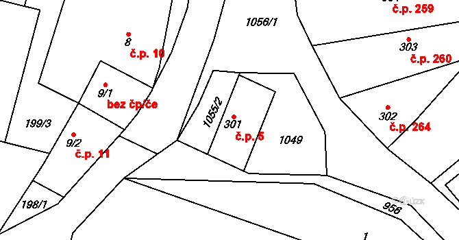 Rožďalovice 5 na parcele st. 301 v KÚ Rožďalovice, Katastrální mapa