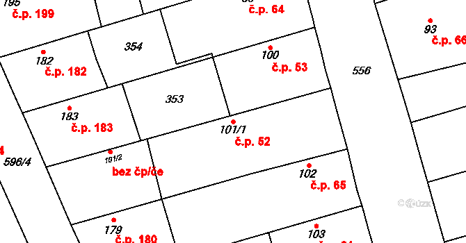 Veltruby 52 na parcele st. 101/1 v KÚ Veltruby, Katastrální mapa