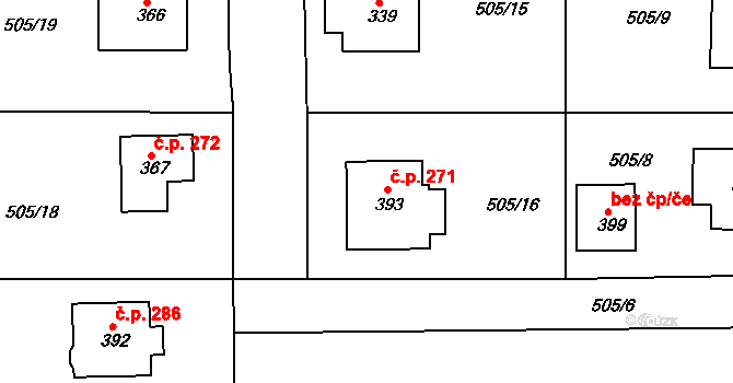 Broumy 271 na parcele st. 393 v KÚ Broumy, Katastrální mapa