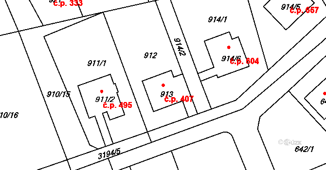 Planá nad Lužnicí 407 na parcele st. 913 v KÚ Planá nad Lužnicí, Katastrální mapa