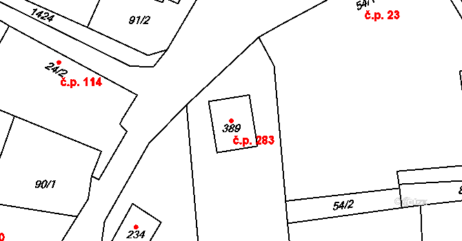 Krchleby 283 na parcele st. 389 v KÚ Krchleby u Nymburka, Katastrální mapa