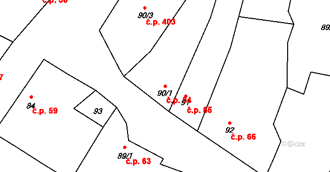 Mohelno 64 na parcele st. 90/1 v KÚ Mohelno, Katastrální mapa