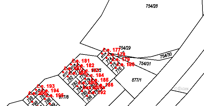 Lesná 177, Brno na parcele st. 877/4 v KÚ Lesná, Katastrální mapa