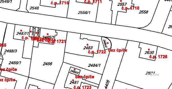 Teplice 1722 na parcele st. 2483 v KÚ Teplice, Katastrální mapa