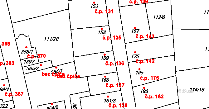 Veltrusy 136 na parcele st. 159 v KÚ Veltrusy, Katastrální mapa