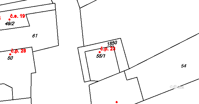 Svinaře 23 na parcele st. 55/1 v KÚ Svinaře, Katastrální mapa