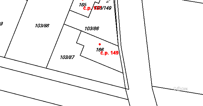 Břežany II 149 na parcele st. 166 v KÚ Břežany II, Katastrální mapa