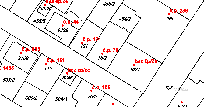 Sezimovo Ústí 72 na parcele st. 88/2 v KÚ Sezimovo Ústí, Katastrální mapa