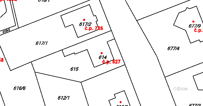 Černice 527, Plzeň na parcele st. 614 v KÚ Bručná, Katastrální mapa
