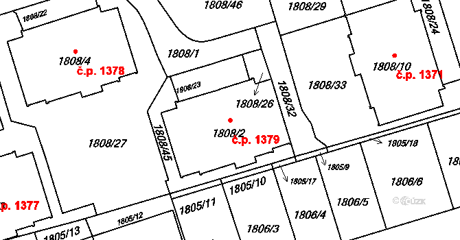 Prostřední Suchá 1379, Havířov na parcele st. 1808/2 v KÚ Prostřední Suchá, Katastrální mapa