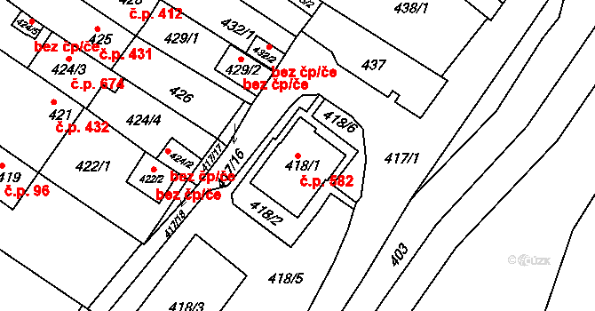 Obřany 582, Brno na parcele st. 418/1 v KÚ Obřany, Katastrální mapa