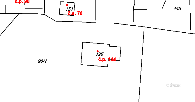 Borek 144, Rokycany na parcele st. 195 v KÚ Borek u Rokycan, Katastrální mapa
