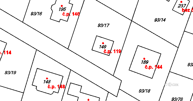 Hoděšovice 119, Býšť na parcele st. 149 v KÚ Hoděšovice, Katastrální mapa