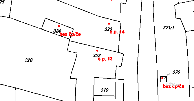 Mory 13, Podbořany na parcele st. 322 v KÚ Kněžice u Podbořan, Katastrální mapa