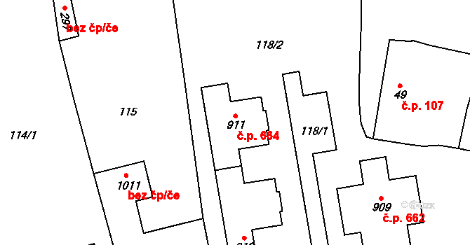 Lysice 664 na parcele st. 911 v KÚ Lysice, Katastrální mapa