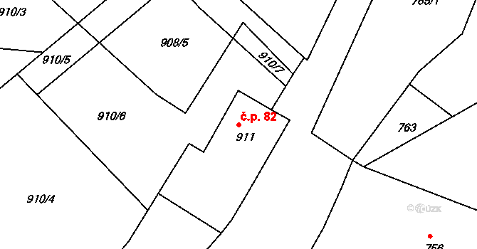 Štípa 82, Zlín na parcele st. 911 v KÚ Štípa, Katastrální mapa