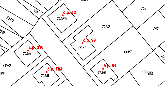 Huštěnovice 98 na parcele st. 723/7 v KÚ Huštěnovice, Katastrální mapa