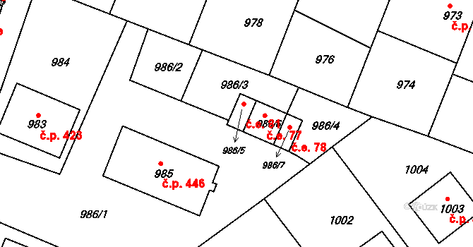 Černá Hora 81 na parcele st. 986/5 v KÚ Černá Hora, Katastrální mapa