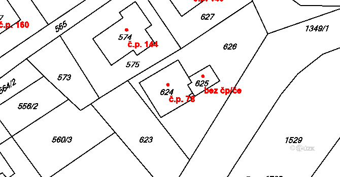 Olbramice 78 na parcele st. 624 v KÚ Olbramice, Katastrální mapa