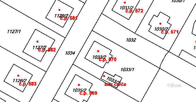 Kamenice nad Lipou 570 na parcele st. 1033/2 v KÚ Kamenice nad Lipou, Katastrální mapa