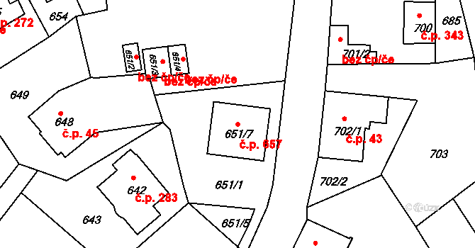 Liberec XI-Růžodol I 657, Liberec na parcele st. 651/7 v KÚ Růžodol I, Katastrální mapa