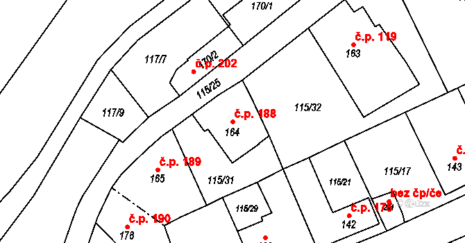 Dolní Radechová 188 na parcele st. 164 v KÚ Dolní Radechová, Katastrální mapa