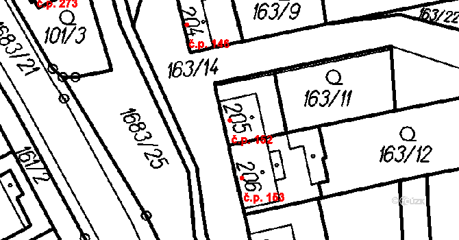 Všechovice 152 na parcele st. 205 v KÚ Všechovice, Katastrální mapa