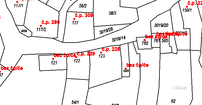 Toužim 228 na parcele st. 123 v KÚ Toužim, Katastrální mapa
