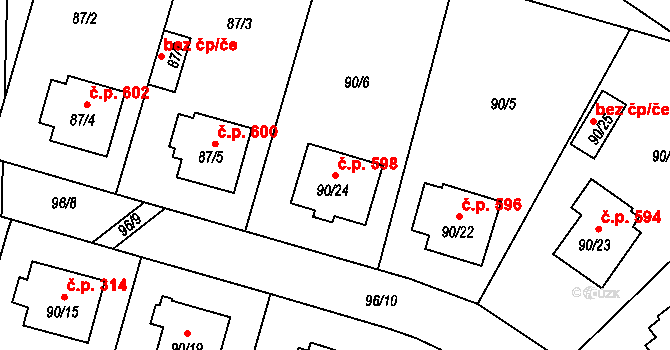 Lyžbice 598, Třinec na parcele st. 90/24 v KÚ Lyžbice, Katastrální mapa