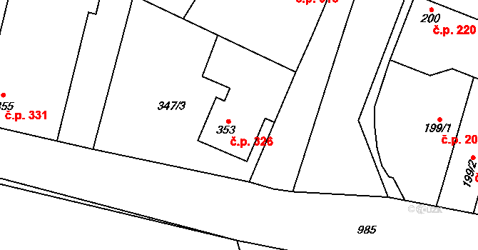 Rožďalovice 326 na parcele st. 353 v KÚ Rožďalovice, Katastrální mapa