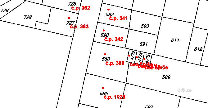 Čelákovice 388 na parcele st. 588 v KÚ Čelákovice, Katastrální mapa