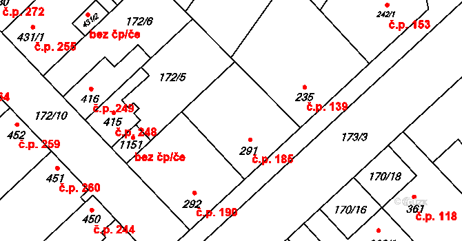 Humny 185, Pchery na parcele st. 291 v KÚ Pchery, Katastrální mapa