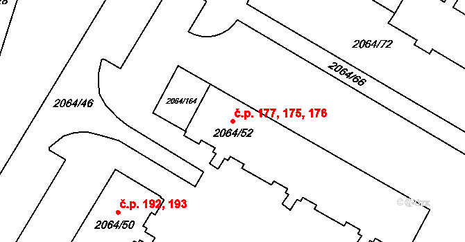 Brňany 175,176,177, Vyškov na parcele st. 2064/52 v KÚ Vyškov, Katastrální mapa