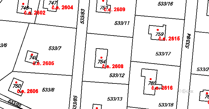 Těptín 2608, Kamenice na parcele st. 754 v KÚ Těptín, Katastrální mapa