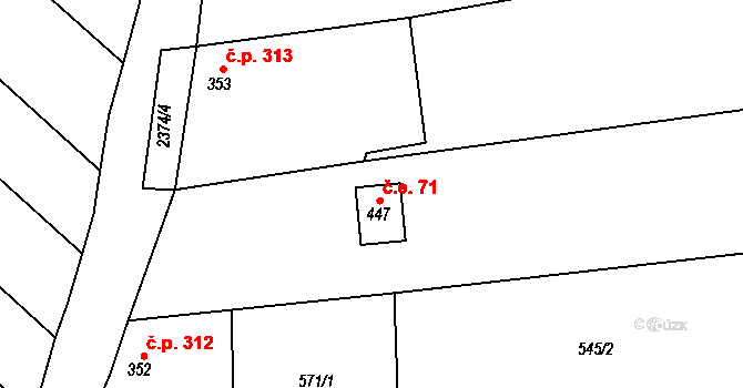 Hudlice 71 na parcele st. 447 v KÚ Hudlice, Katastrální mapa