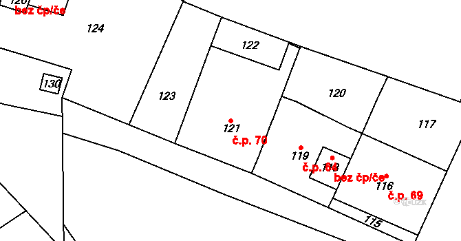 Ocmanice 70 na parcele st. 121 v KÚ Ocmanice, Katastrální mapa
