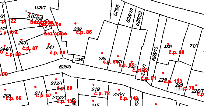 Zámostí 84, Třebíč na parcele st. 235 v KÚ Podklášteří, Katastrální mapa