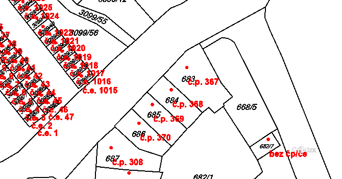 Pelhřimov 368 na parcele st. 684 v KÚ Pelhřimov, Katastrální mapa