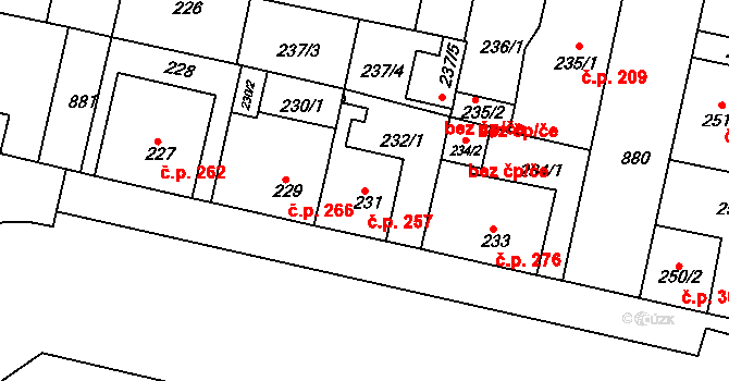 Bohnice 257, Praha na parcele st. 231 v KÚ Bohnice, Katastrální mapa