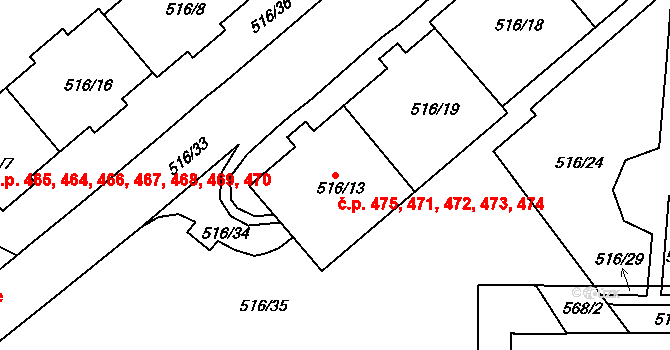 Střížkov 471,472,473,474,475, Praha na parcele st. 516/13 v KÚ Střížkov, Katastrální mapa