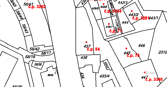 Záběhlice 54, Praha na parcele st. 437 v KÚ Záběhlice, Katastrální mapa