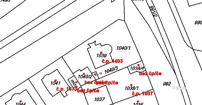 Chomutov 1493 na parcele st. 1039 v KÚ Chomutov I, Katastrální mapa