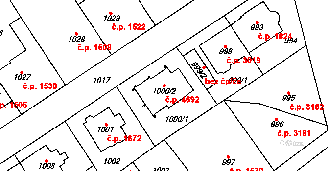 Chomutov 4692 na parcele st. 1000/2 v KÚ Chomutov I, Katastrální mapa