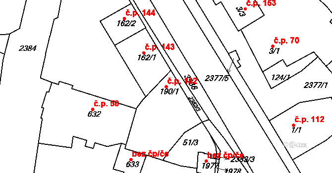 Rosice 142 na parcele st. 190/1 v KÚ Rosice u Brna, Katastrální mapa