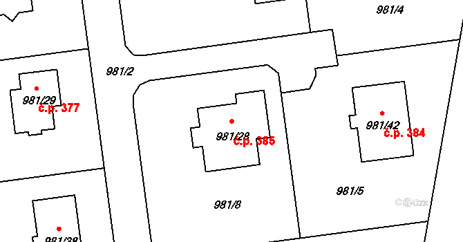 Srubec 385 na parcele st. 981/28 v KÚ Srubec, Katastrální mapa