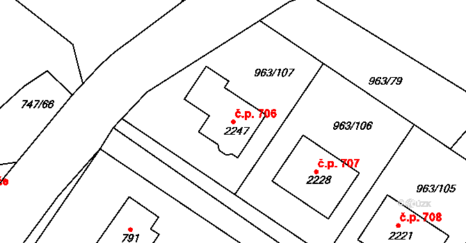 Přibyslav 706 na parcele st. 2247 v KÚ Přibyslav, Katastrální mapa